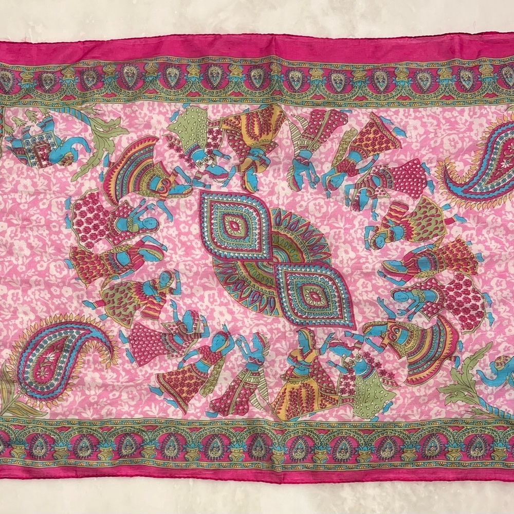 Vintage Silk Scarf Elephants Horses Paisley Pink Made India 18” X 68” Rectangle - Picture 13 of 16
